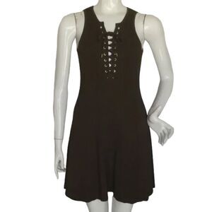 TORN BY RONNY KOBO Knit Dress, S, Olive Green, Ribbed/Textured, Lace-up neckline